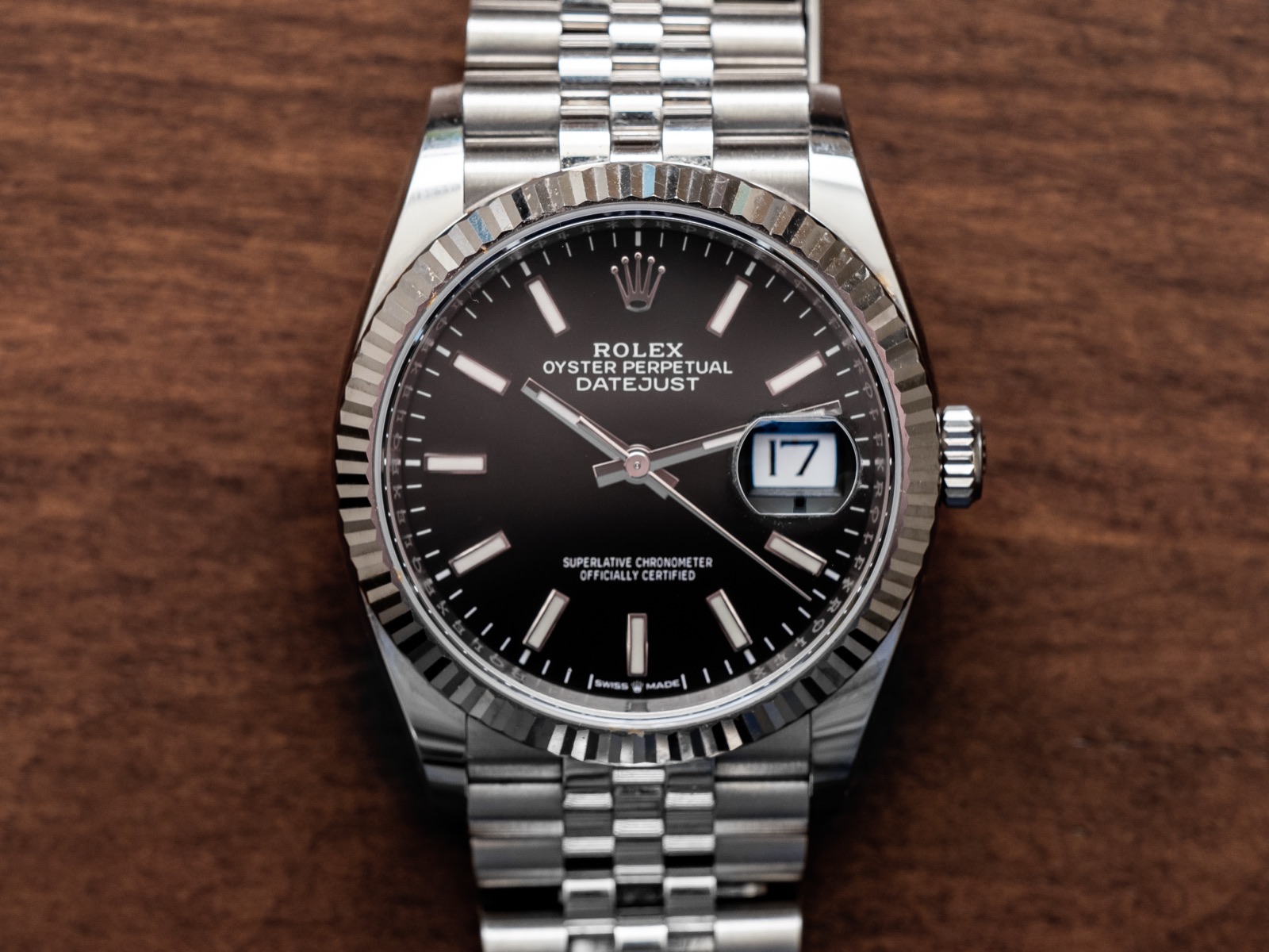 Rolex Datejust 36 126234 with black dial, fluted bezel and Jubilee bracelet
